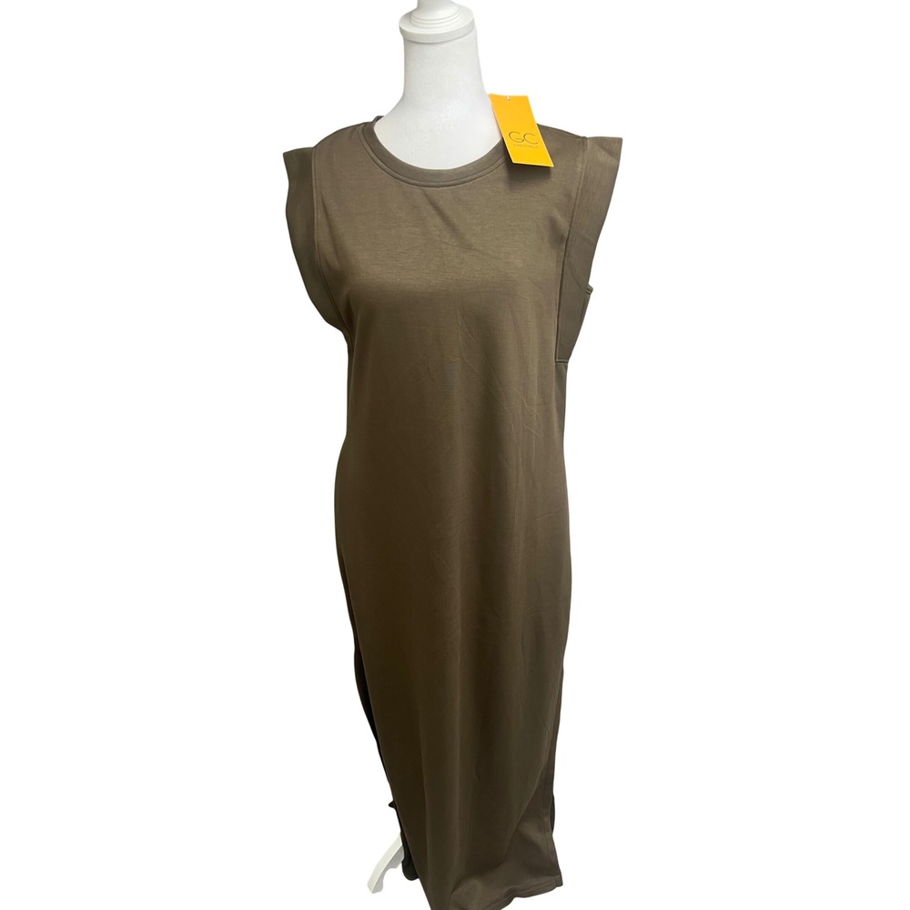 GRECERELLE Maxi Dress Women Sleeveless Padded Shoulder Olive Sz M Minimalist